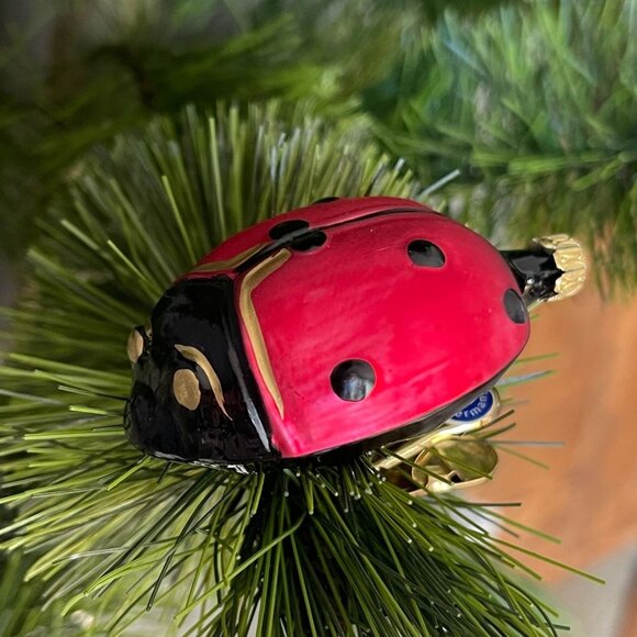 Vintage German Glass Ladybug Christmas Ornament Clip-On Hand Blown Red Black - Picture 1 of 6